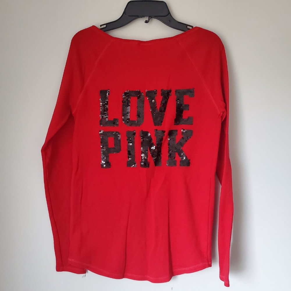 LOVE PINK Red Henley Short Top Jersey Knit Black Sequins Mini Waffle Layering